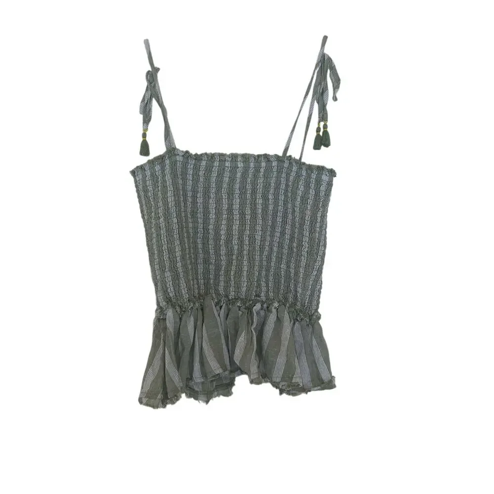 Aerie Smocked Striped Tie Shoulder Tank Top Green White Women S